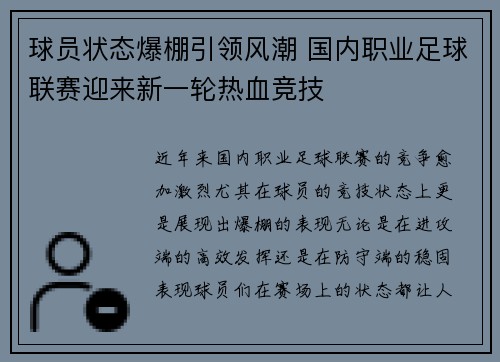 球员状态爆棚引领风潮 国内职业足球联赛迎来新一轮热血竞技