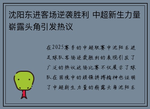 沈阳东进客场逆袭胜利 中超新生力量崭露头角引发热议