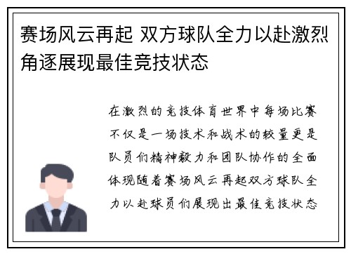 赛场风云再起 双方球队全力以赴激烈角逐展现最佳竞技状态